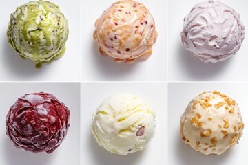 Six colorful ice cream scoops featuring various flavors like matcha, berry, vanilla, and caramel, perfect for dessert menus, food blogs, and recipe illustrations

