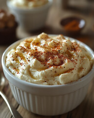 A close-up of a serving of hummus in a plain white bowl, garnished with a sprinkle of paprika,