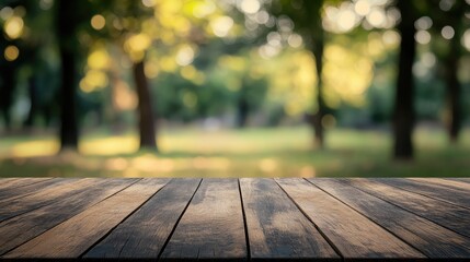 soft focused natural park scene with bokeh and wooden tabletop for showcasing products or presentations