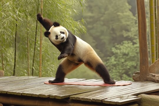 A playful panda striking a yoga pose on a red mat, set on a wooden platform surrounded by a lush bamboo forest, creating a whimsical and tranquil scene