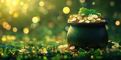 A pot of gold coins with bright green clovers resting on vibrant grass, illuminated by sunlight. Ideal for St. Patrick's Day, prosperity, and treasure themes.  