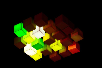 Luminous cubes floating in the air in the dark background