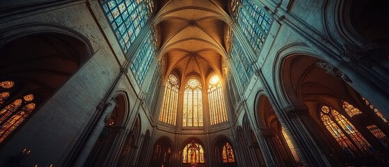 Sunlight streams through stained-glass windows in a majestic cathedral, illuminating the ancient stone architecture.