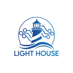 Modern Digital Lighthouse Logo with Circuit Waves for Technology and Maritime Businesses
