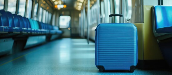 Naklejka premium Blue suitcase resting on the floor of an empty train carriage showcasing modern travel and transportation themes