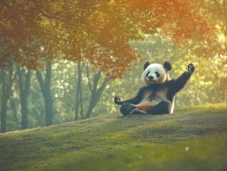 Obraz premium A playful panda sitting in a yoga pose on a grassy hill, surrounded by autumn-hued trees and bathed in warm sunlight, creating a peaceful and joyful atmosphere