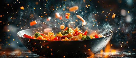 Stir-fried vegetables and meat tossed in a wok with flames and sparks.