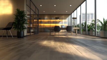 Modern spacious office interior with natural light plants and minimalistic design blurred background for workspace concept.