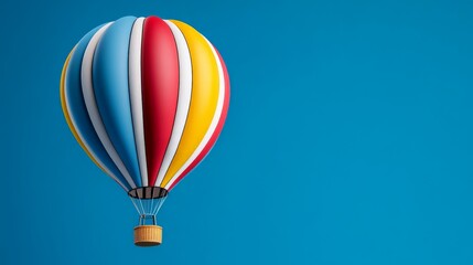 Fototapeta premium Colorful Hot Air Balloon Soaring Against Blue Sky: A vibrant hot air balloon with colorful stripes takes flight against a clear blue sky, symbolizing adventure, exploration.