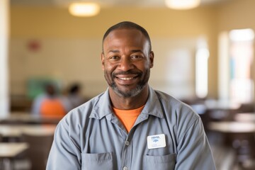 Obraz premium Portrait of a male volunteer working in sunny community center