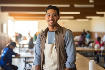 Obraz premium Portrait of a male volunteer working in sunny community center