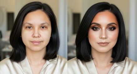 Dramatic makeup transformation on asian young adult woman before and after