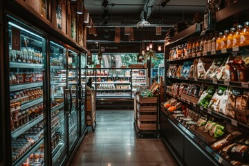 Fototapeta premium Long and bright supermarket aisle showcasing a wide selection of groceries