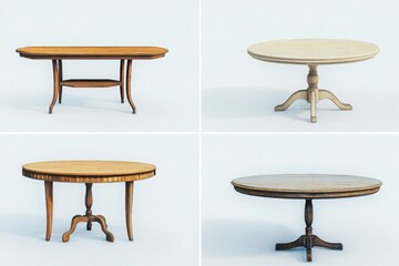 Tables with wooden designs in different shapes and tones, perfect for furniture catalogs, interior design, or home decor projects

