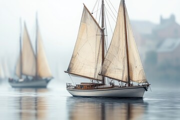 A serene scene with two sailboats gliding across a peaceful lake, ideal for a relaxing day or a romantic getaway