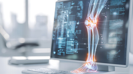 Medical technology demonstration of knee anatomy illustration digital lab health visualization modern workspace