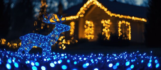 Christmas lights illuminate a cozy house and festive reindeer decorations creating a magical holiday evening atmosphere.