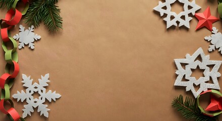  Textured brown background with Christmas decorations such as white snowflakes, a red star, and a red and green paper garland