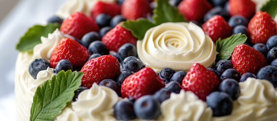 Elegant birthday cake adorned with fresh berries and creamy rose decorations surrounded by vibrant green leaves and juicy strawberries and blueberries