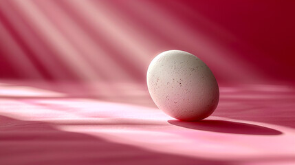 Fototapeta premium Unique white egg resting on soft pink fabric under soft lighting rays