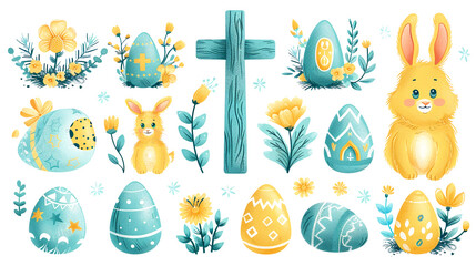 Fototapeta premium Charming Easter illustrations featuring bunnies, eggs, and spring flowers
