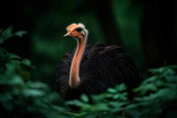 Fototapeta premium A striking ostrich with a long elegant neck and detailed feathers, standing alert amidst lush green foliage, creating a dramatic wildlife portrait