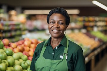 Portrait of a middle aged African American female worker in grocery store