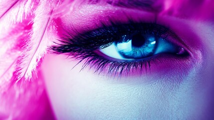 Close-up of a Woman's Eye with Pink Feathers
