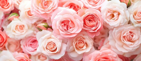 Fototapeta premium Elegant pink roses surrounding a blank notebook on a white background ideal for event notes and personal messages with a soft tone design.