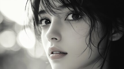 Black and white portrait of a young woman with intense gaze