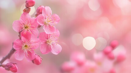 Soft pink cherry blossoms with a blurred background creating a dreamy effect, perfect for serene and romantic themes in design.