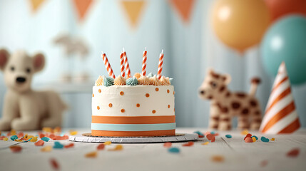 Adorable baby's first birthday cake! Pastel frosting, cute animal toys, and festive confetti create a magical celebration.