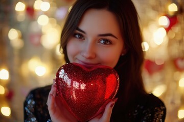 A woman covering her face with a red heart, possibly indicating sadness or embarrassment