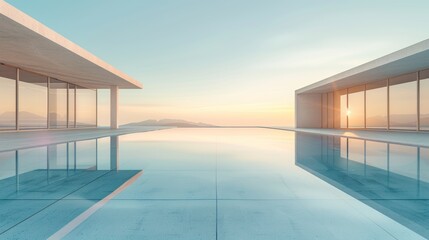 Obraz premium Modern architecture, infinity pool reflecting sunset.