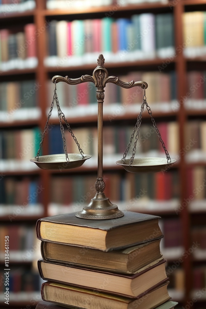 Poster a balance scale sits atop a stack of books, with weights and measures in sight