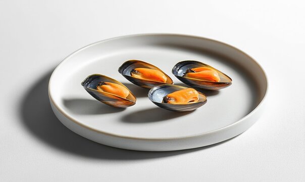 Four mussels with orange filling are arranged on a sleek, oval white plate, highlighted by soft sunlight and shadow.