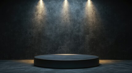 Dimly Lit Circular Stage with Dramatic Spotlight in a Darkened Room, Evoking an Atmospheric and Mysterious Ambiance for Showcases and Performances