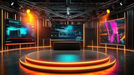 Obraz premium Futuristic Digital Studio with High-Tech Screens and Neon Lights, Ideal for Broadcast, Presentations, and Virtual Events in a Modern Setting