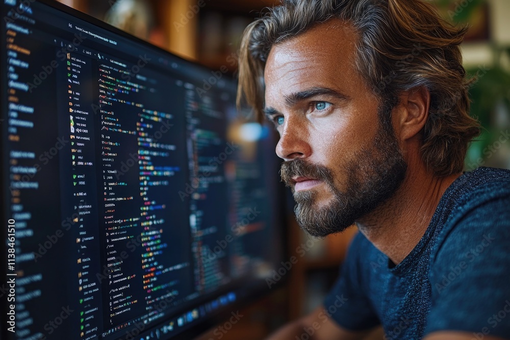Poster a person sitting in front of a computer monitor