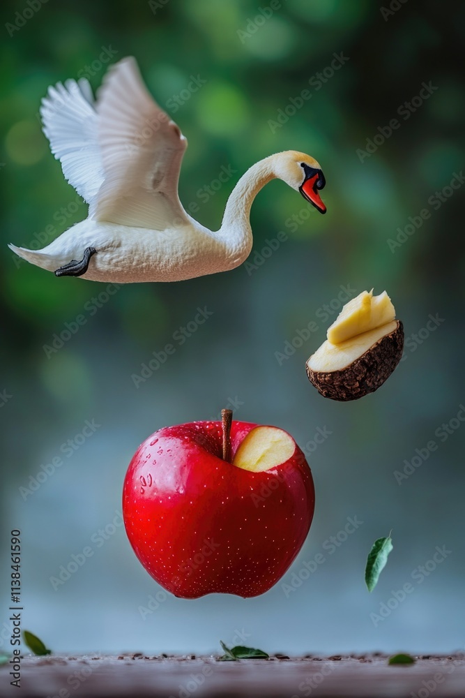 Poster a swan is seen flying over an apple with a bite taken out of it, perfect for use in illustrations re