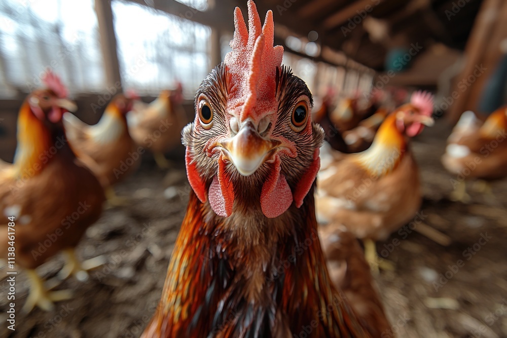 Poster a close-up view of a chicken inside a rustic barn