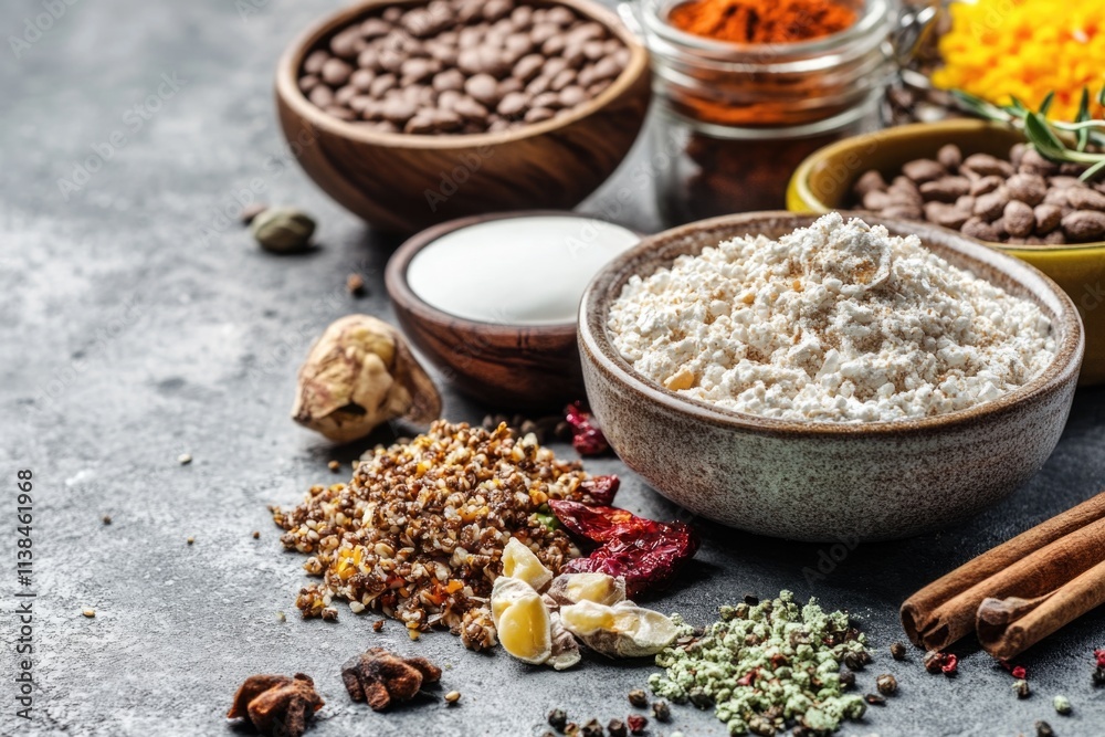 Poster a table topped with various spices and containers, great for cooking or culinary themed projects