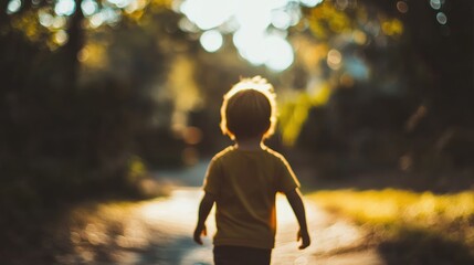 child walking away in sunlight through a forest pathway capturing a tranquil and nostalgic moment of innocence and exploration