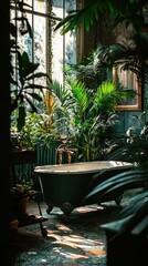 Fototapeta premium Luxurious Vintage Bathroom Surrounded by Lush Tropical Plants and Natural Light Creating a Serene and Inviting Atmosphere for Relaxation and Tranquility