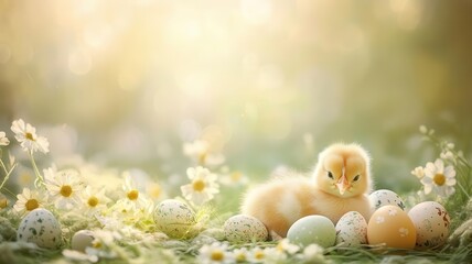 Easter egg hunt with chicks in a floral meadow springtime celebration magical atmosphere. 3D illustration