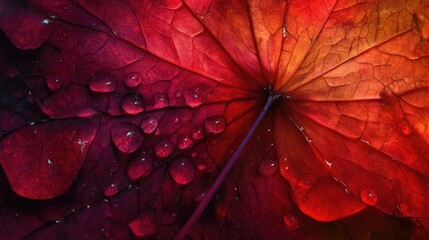 Fototapeta premium Close-up of vibrant red leaf with glistening water droplets showcasing natural textures and colors.