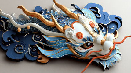 Obraz premium ceremonial dragon mask adorned with intricate details, vibrant colors, and swirling patterns, showcasing traditional craftsmanship and cultural artistry