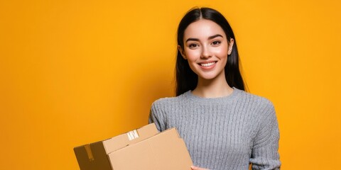A happy woman holding a box and smiling directly into the camera