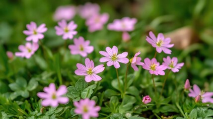 Fototapeta premium Close up of delicate pink flowers flourishing on lush green grass in a beautifully blurred background composition