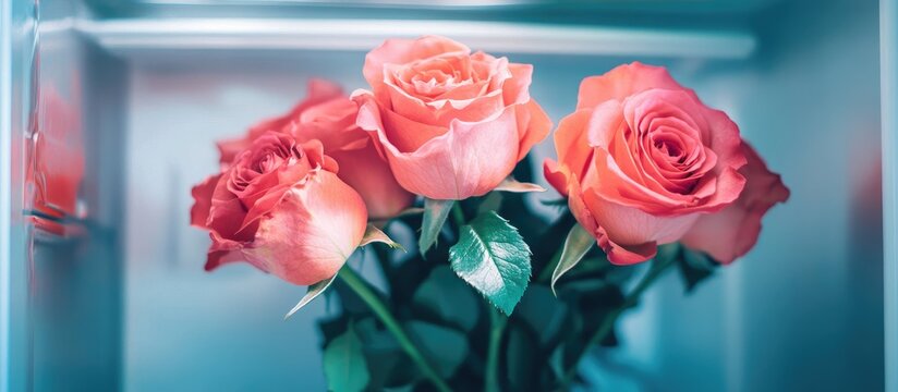 Close up of vibrant blooming roses stored in refrigerator enhancing freshness for special celebrations and floral arrangements